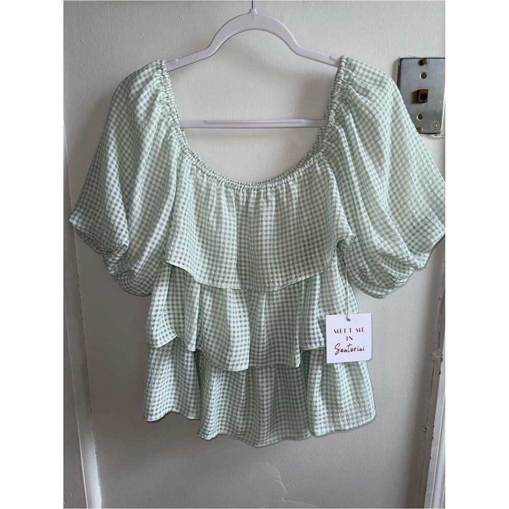 ✨ NWT Meet Me In Santorini Green Gingham Ruffle Puff Sleeve Top XS